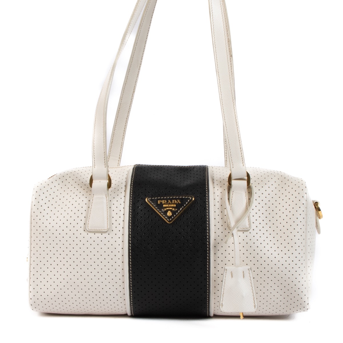 Prada White Black Perforated Saffiano Leather Boston Bag
