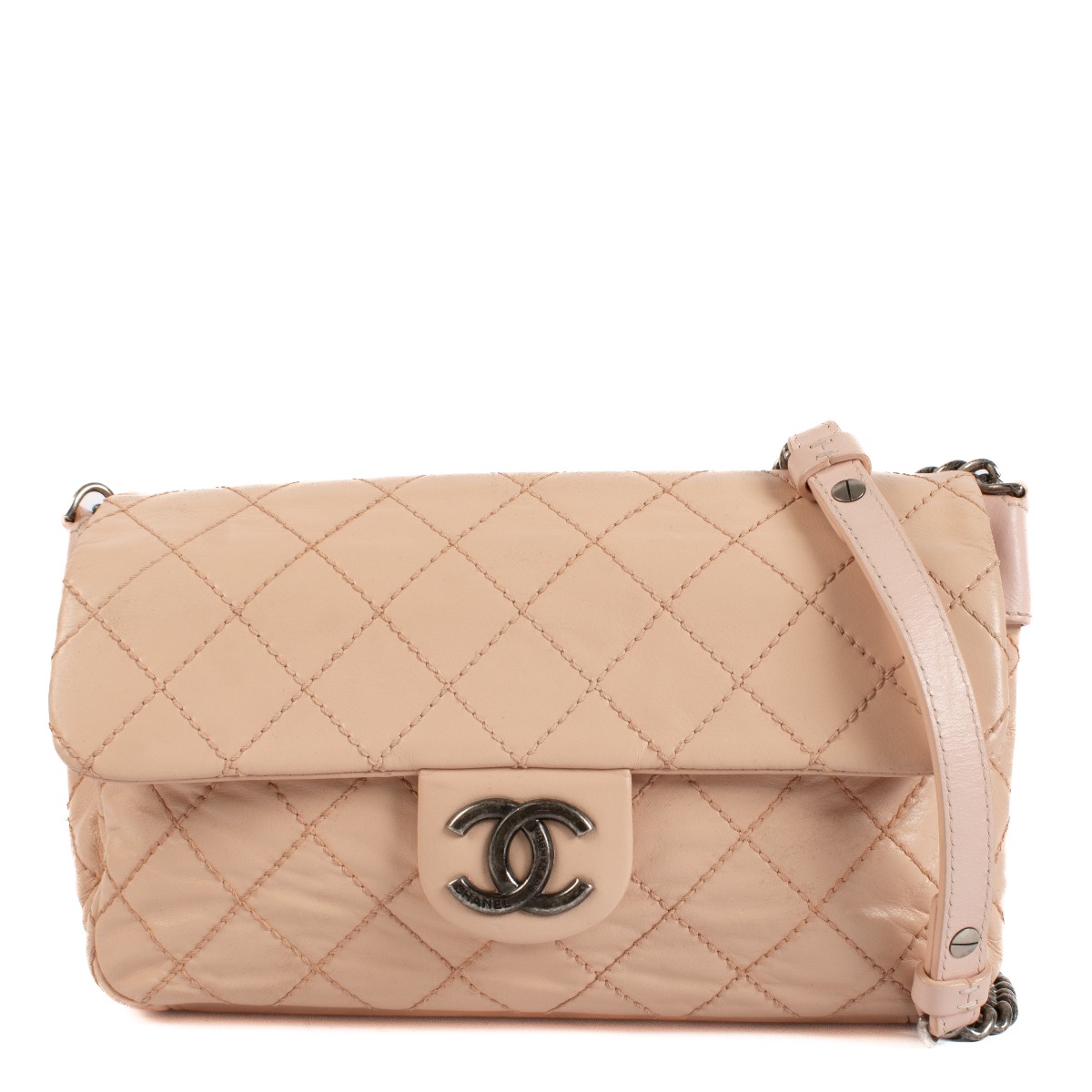 Chanel Peach Calfskin Wild Stitch Medium Flap Bag