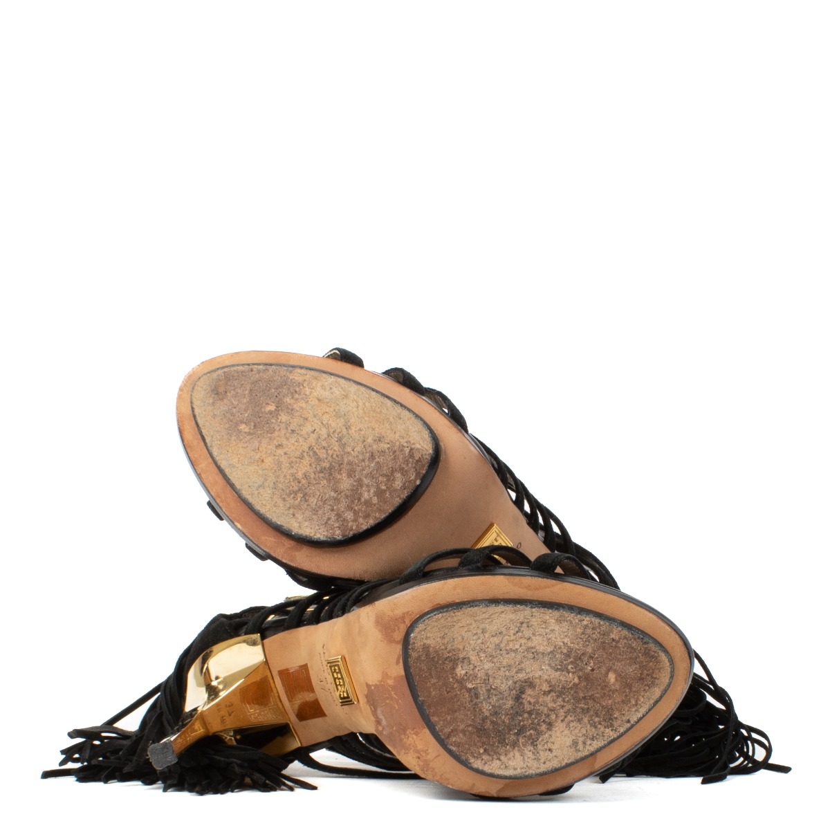 【HERVE】 MAILO BAG LEATHER Herve Leger Black/Gold Fringe Sandals - Size 37 ○ Labellov
