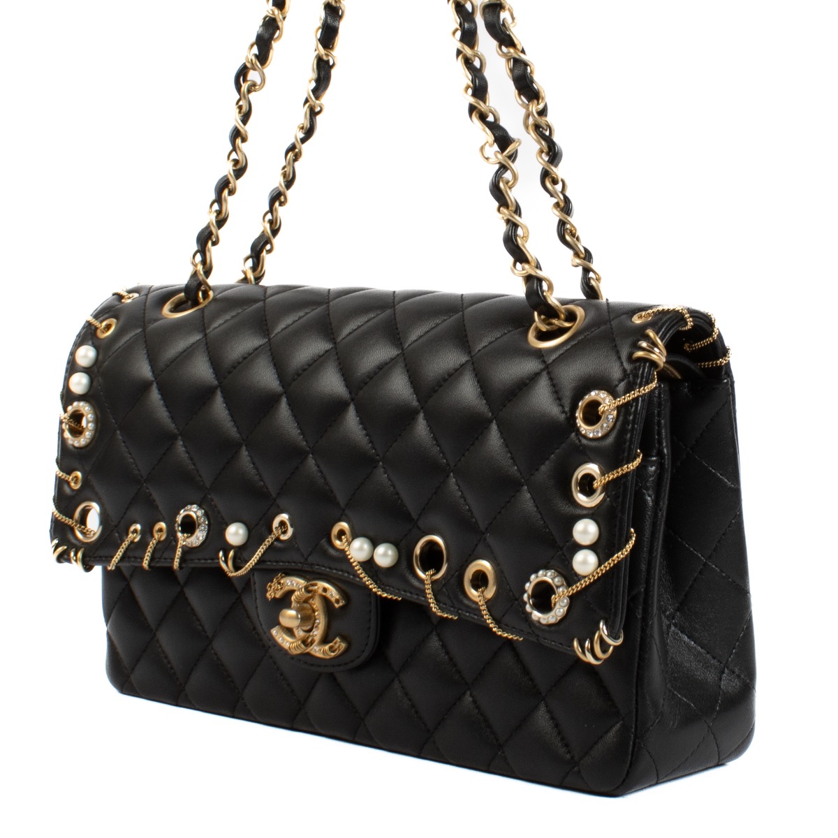 Chanel 19P Black Lambskin Piercing Chic Classic 11.12 Flap Bag