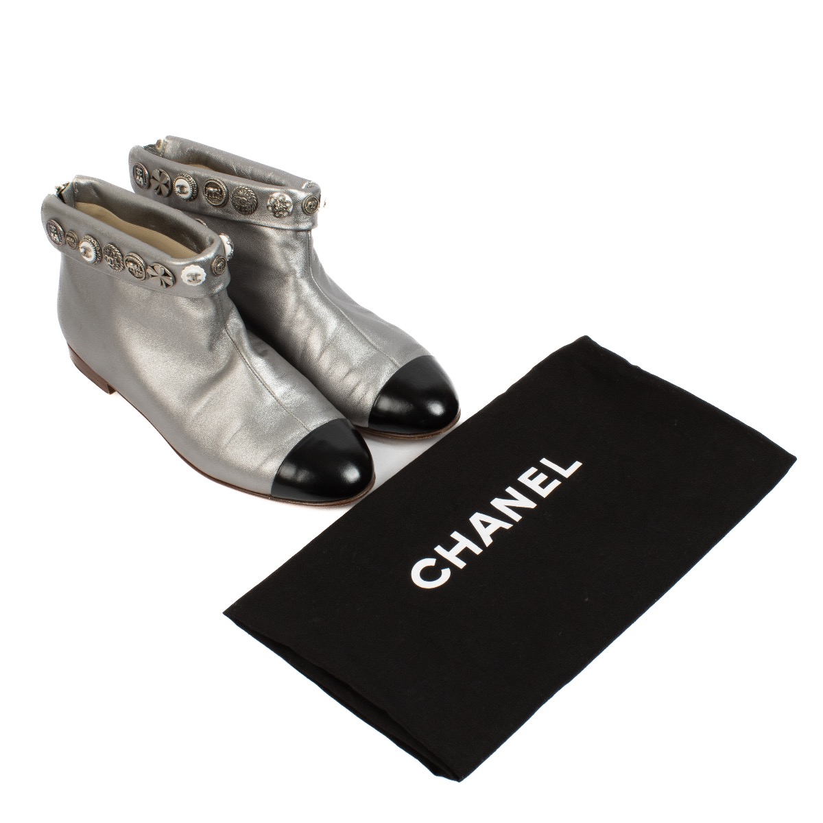 Chanel Silver Cap Toe Lucky Charm Button Flat Boots Size 38 Labellov Buy and Sell Authentic Luxury
