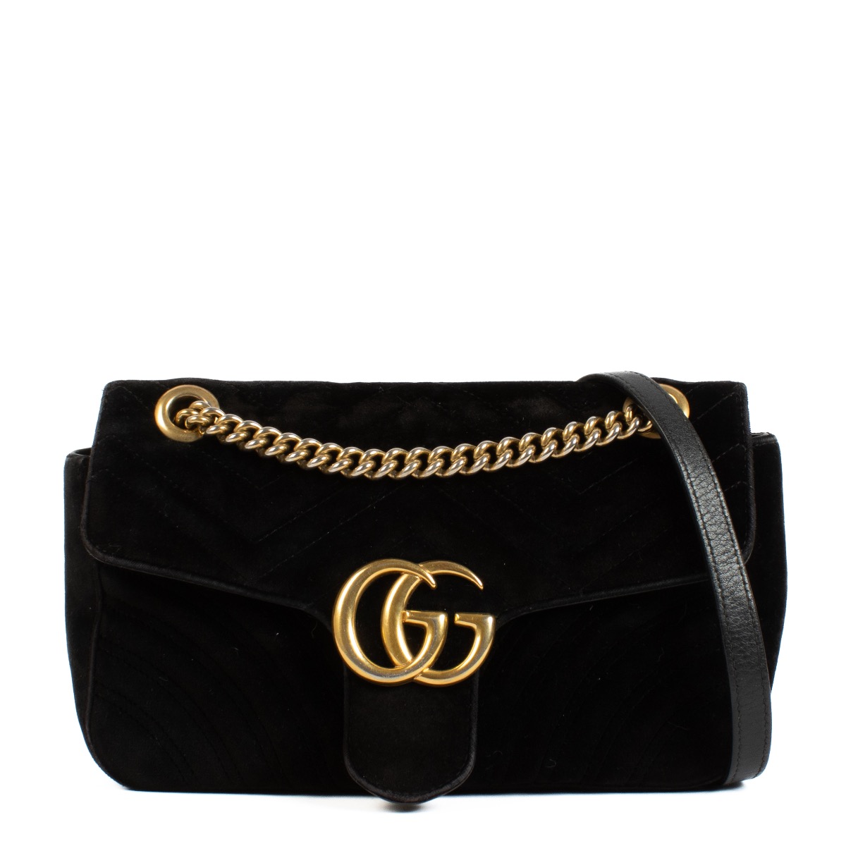 GUCCI ブラック ベルベット ボディバッグ Gucci Black Velvet GG Marmont Crossbody Bag ○ Labellov