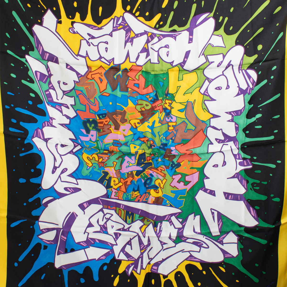 Hermès Silk Graffiti Noir Blanc Jaune Vif Scarf 90