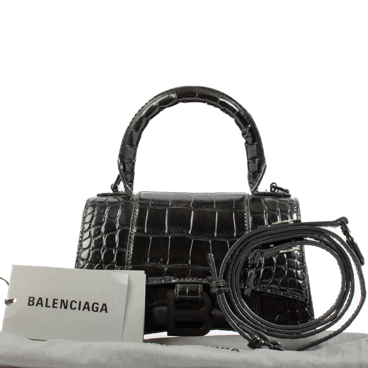 Balenciaga So Black Crocodile Embossed Hourglass XS Bag