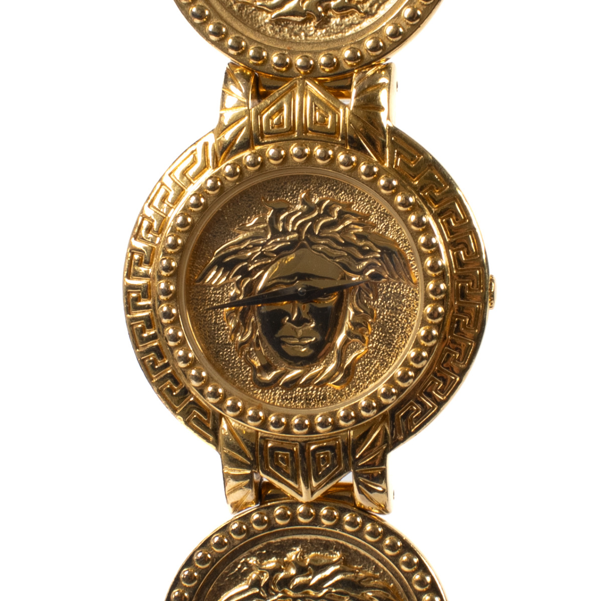 Gianni Versace Vintage Gold Plated Medusa Signature Coin Watch Labellov Buy and Sell Authentic Luxury