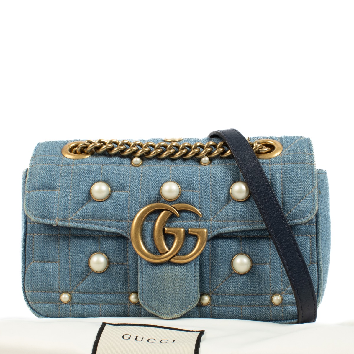 Gucci Denim GG Marmont Pearl Studded Mini Bag Labellov Buy and Sell Authentic Luxury