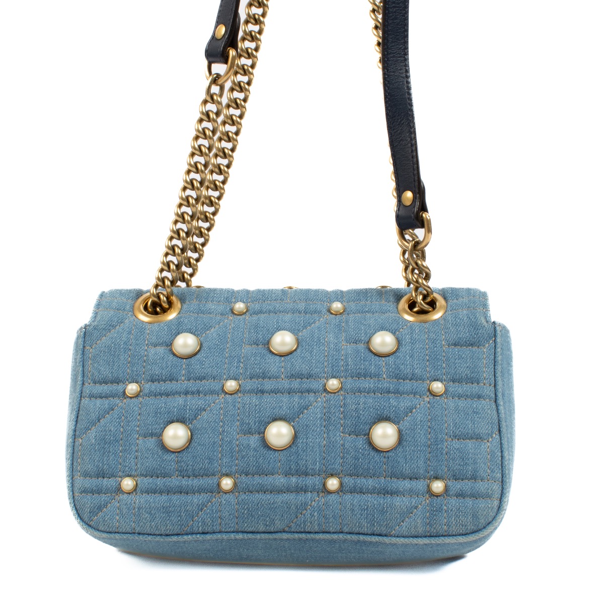 Gucci Denim GG Marmont Pearl Studded Mini Bag ○ Labellov