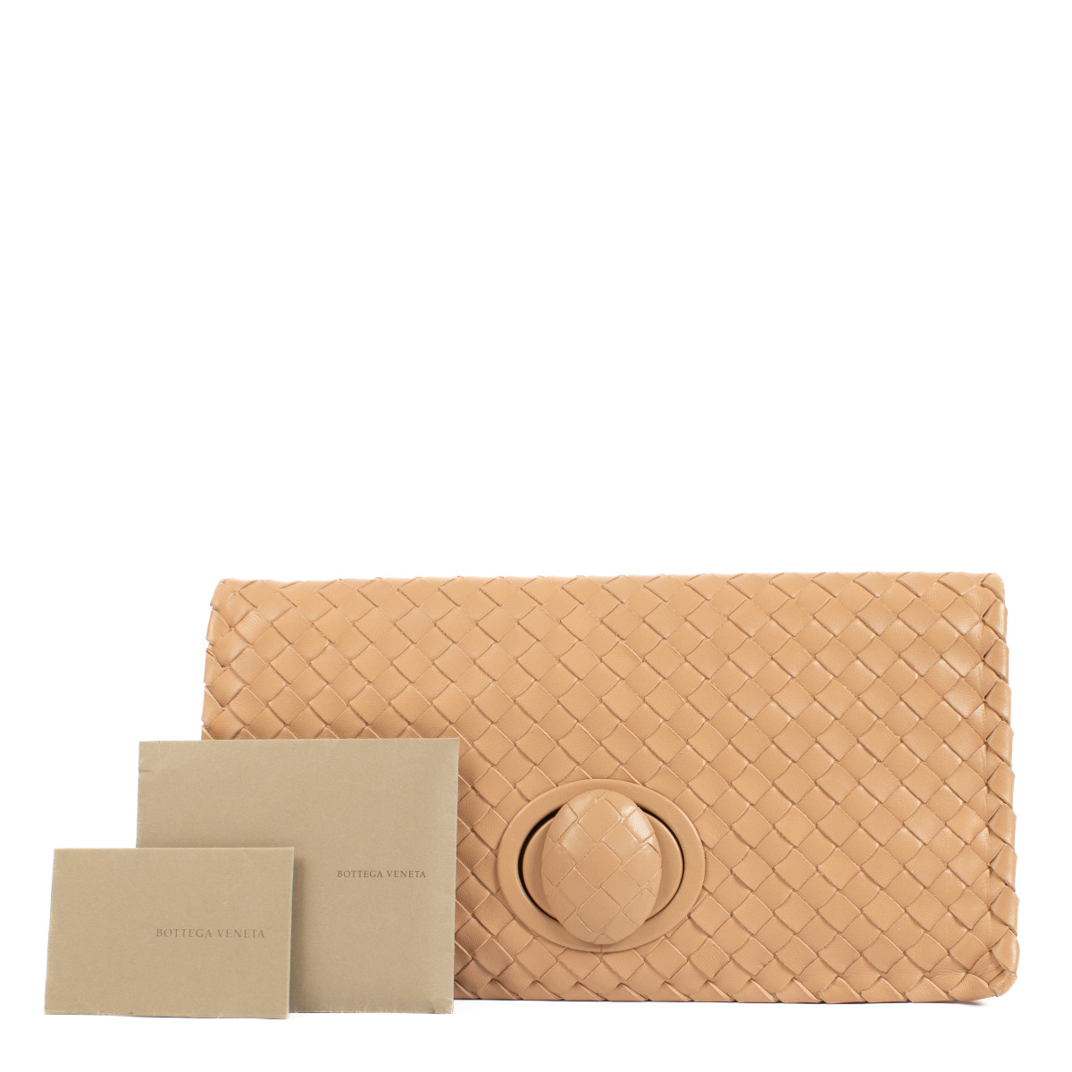 Bottega Veneta Beige Intrecciato Fold Over Turnlock Clutch