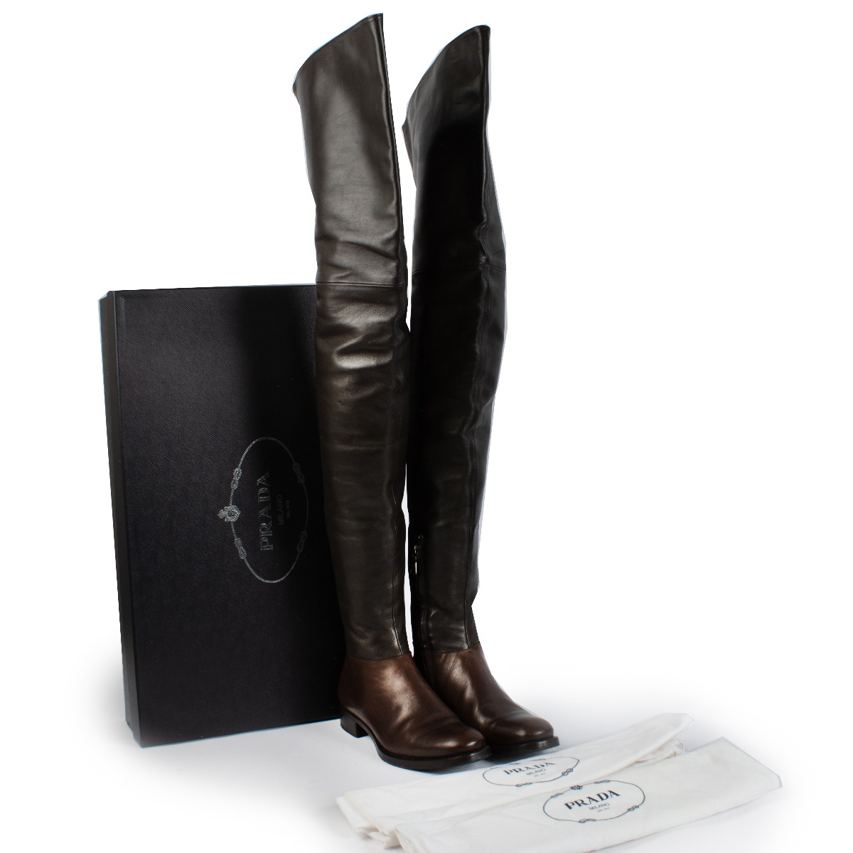 Prada Brown Leather Over-The-Knee Boots Size 37 ○ Labellov