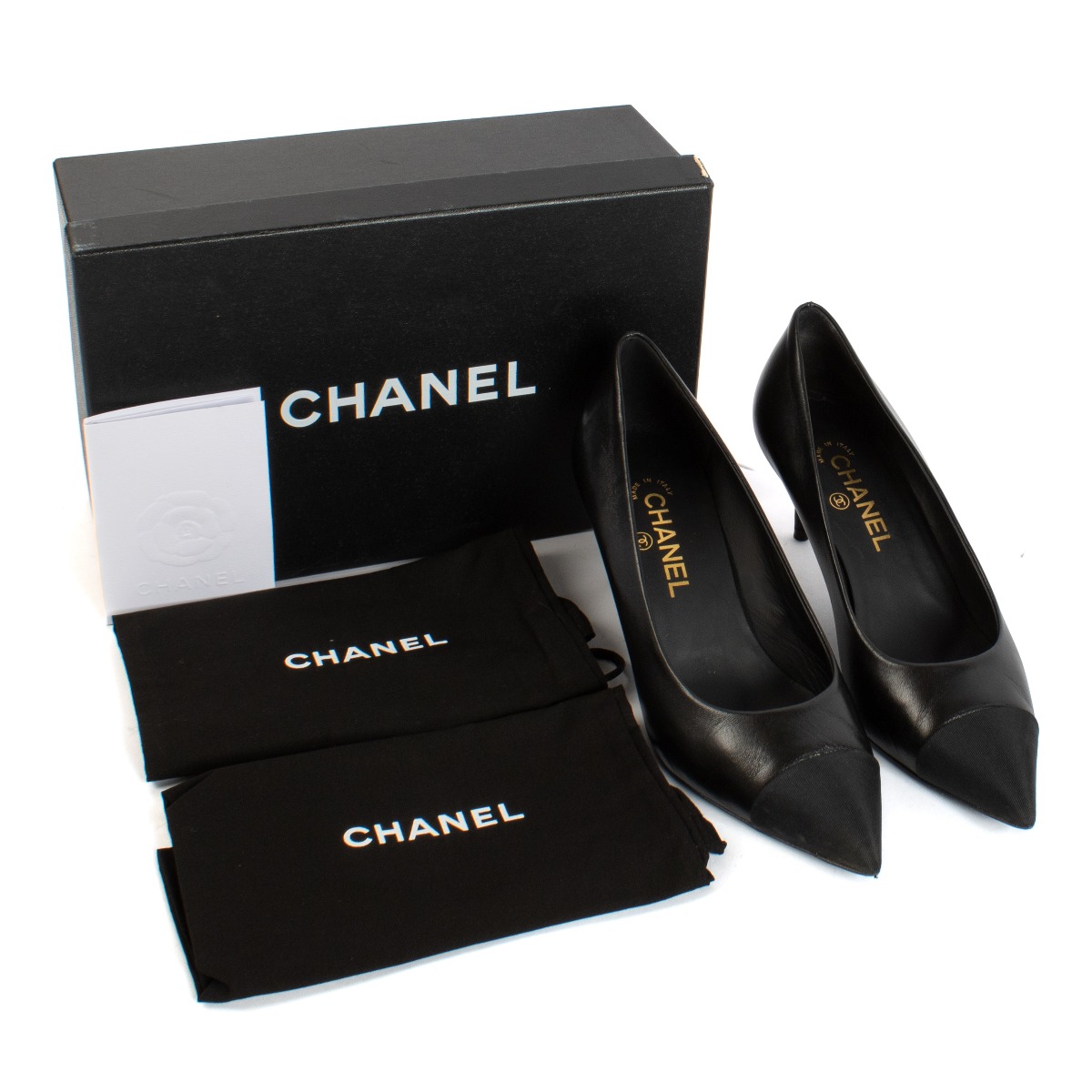 Chanel 16A Black Lambskin Pointy Cap Toe Pumps - Size 39 1/2