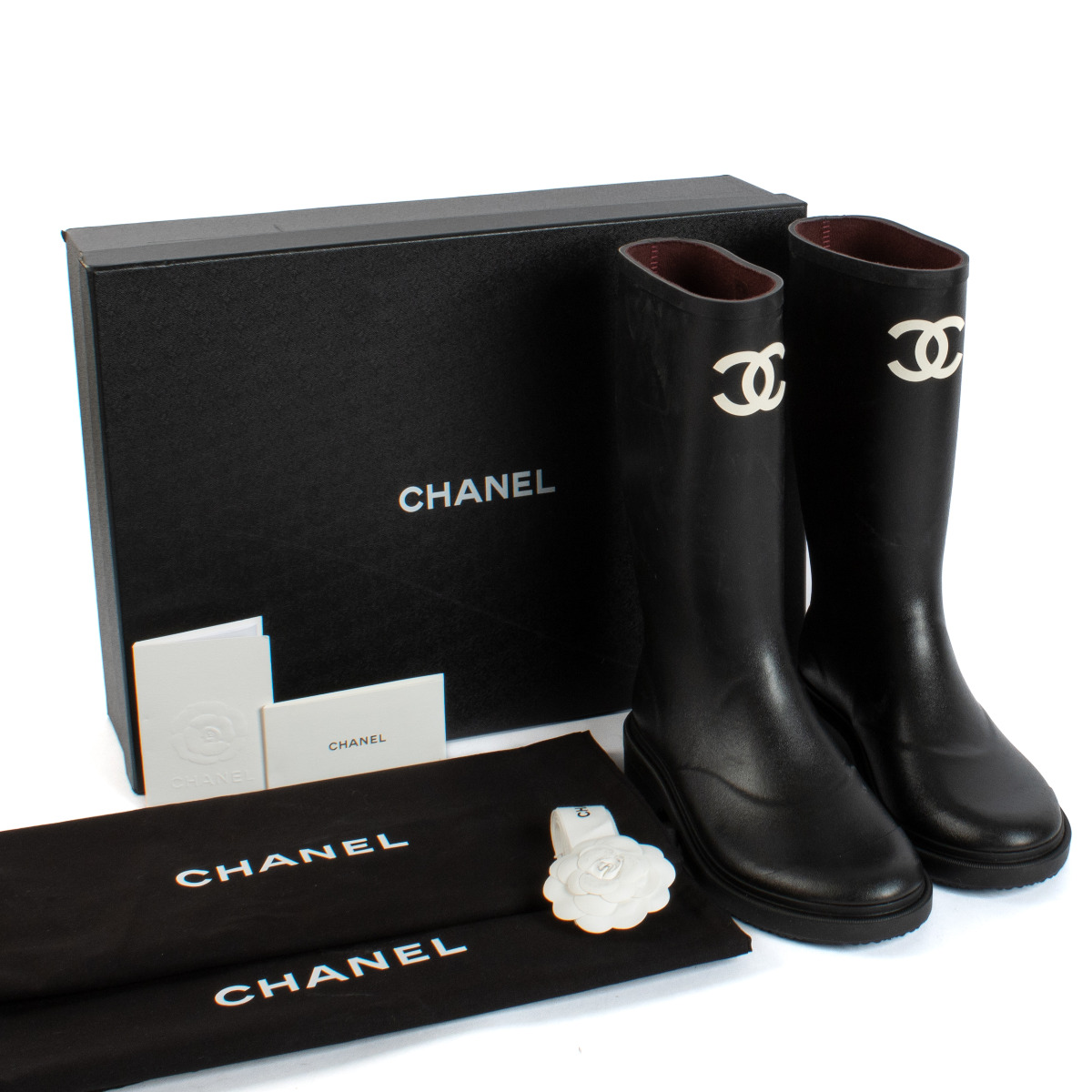 Chanel 22K Black Caoutchouc Rain Boots Size 40 ○ Labellov