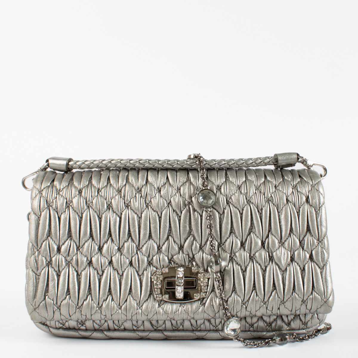 Miu Miu Silver Nappa Leather Miu Crystal Cloqué Bag ○ Labellov