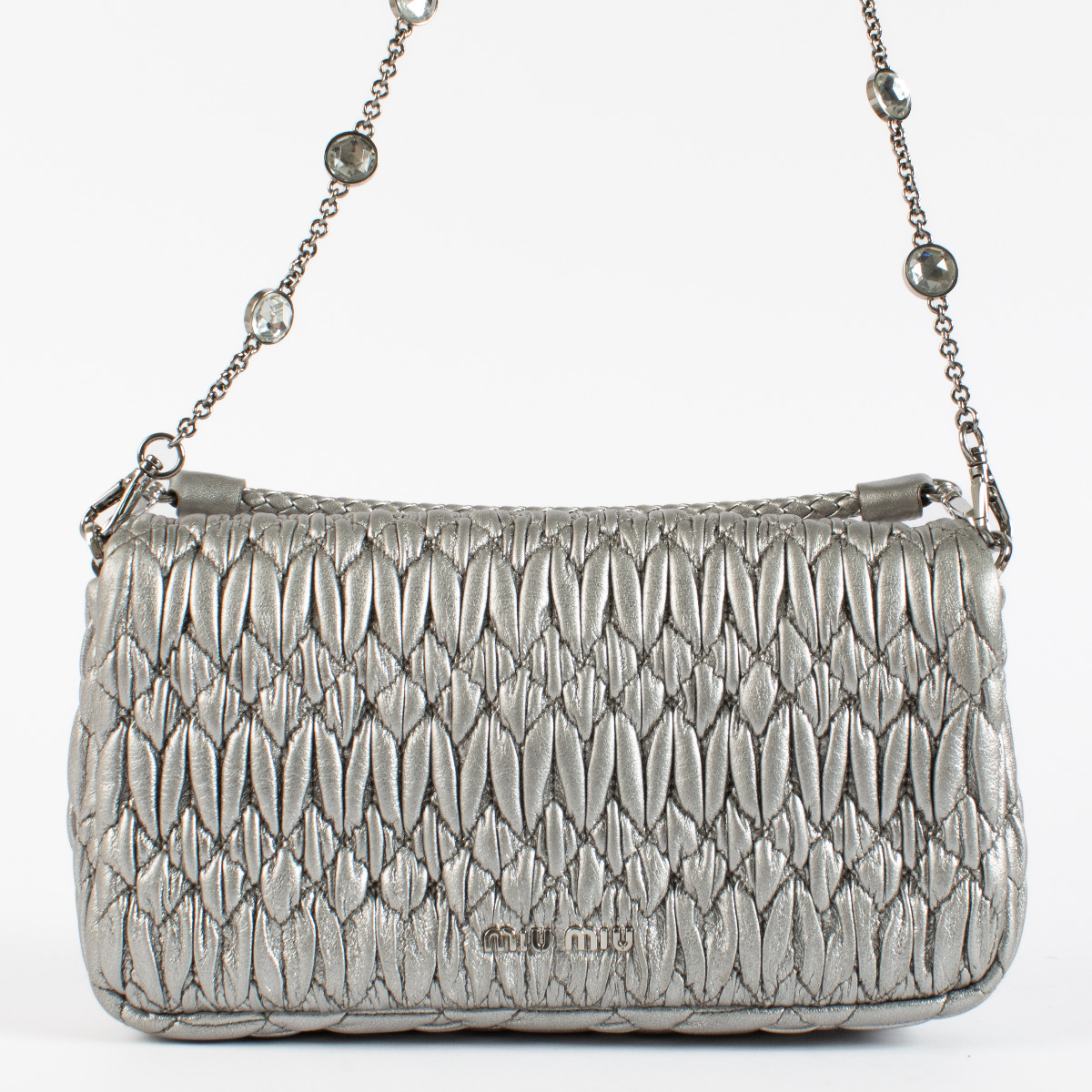 Miu Miu Silver Nappa Leather Miu Crystal Cloqué Bag ○ Labellov