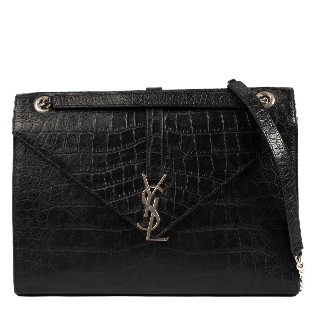 Saint Laurent Black Crocodile Embossed Large Envelope Bag