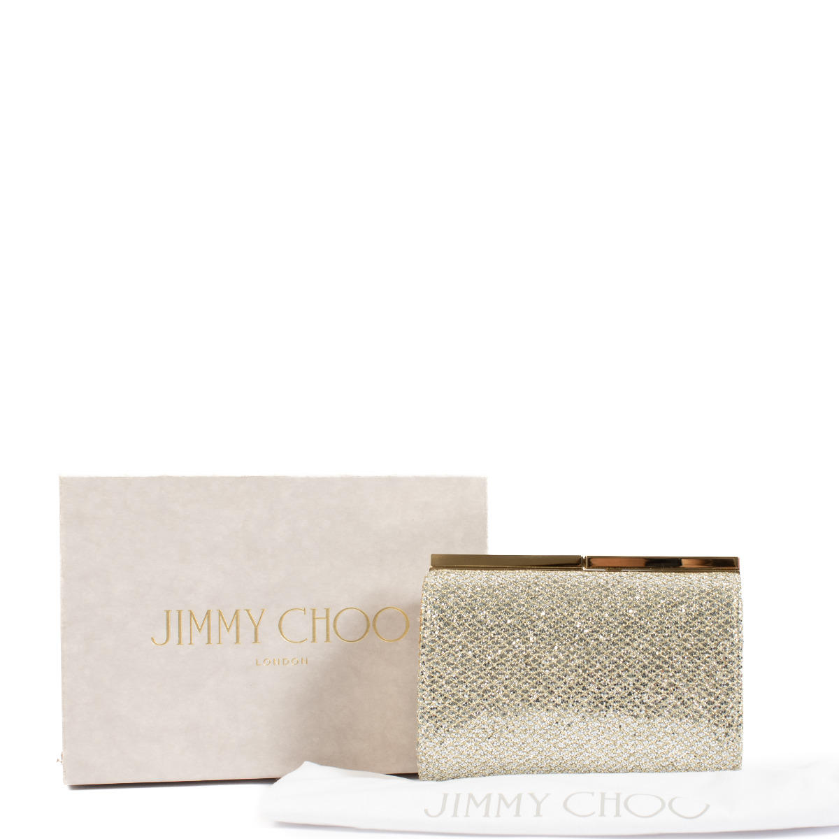 JIMMY CHOO シルバー×ゴールドショルダーバッグ キラキラ グリッター JIMMY CHOO Glitter Clutch Gold 1178081 | FASHIONPHILE