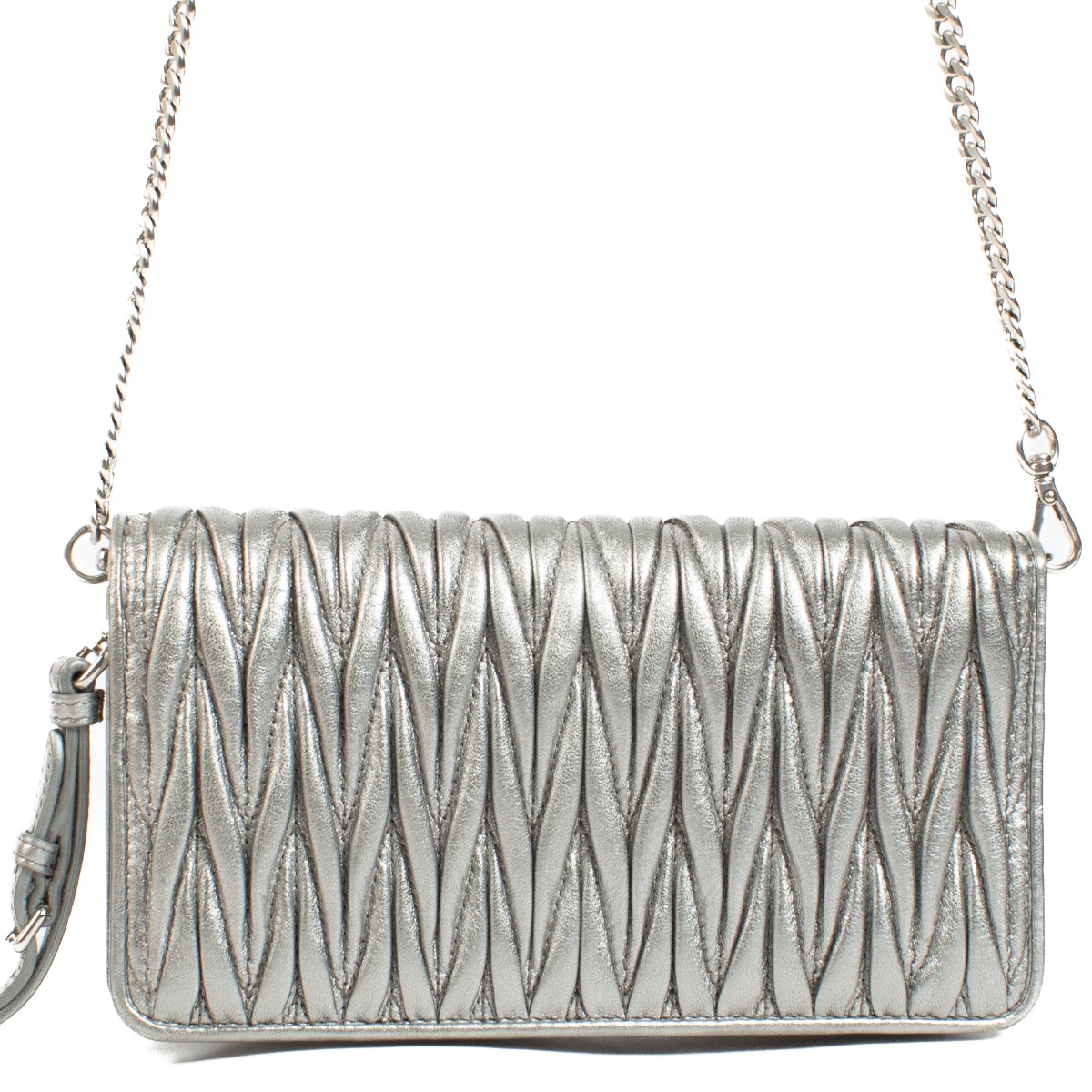 Miu Miu Silver Matelasse Nappa Leather Chain Clutch Bag