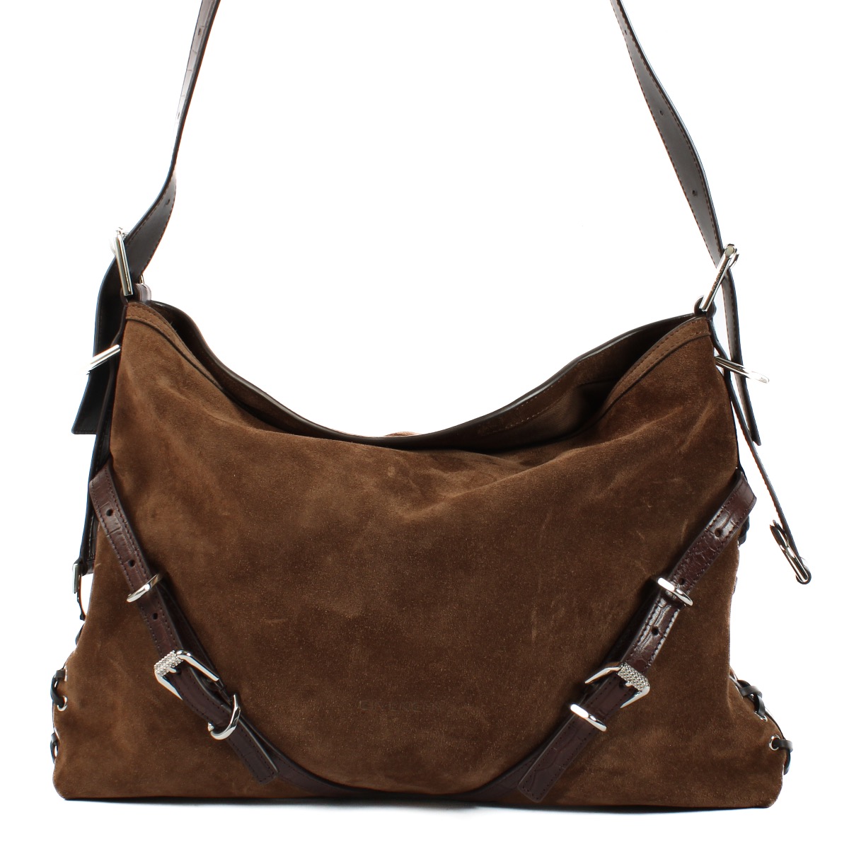 Givenchy Chocolate Brown Suede/Croc Embossed Voyou Medium