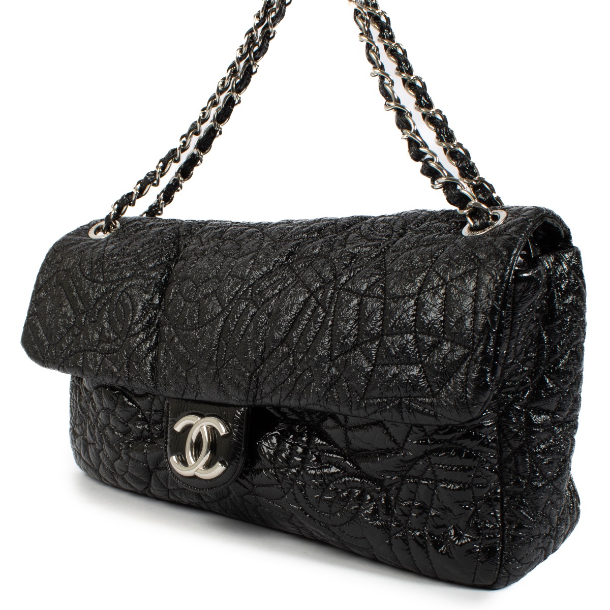 Chanel Black Patent Graphic Edge Single Flap Bag ○ Labellov