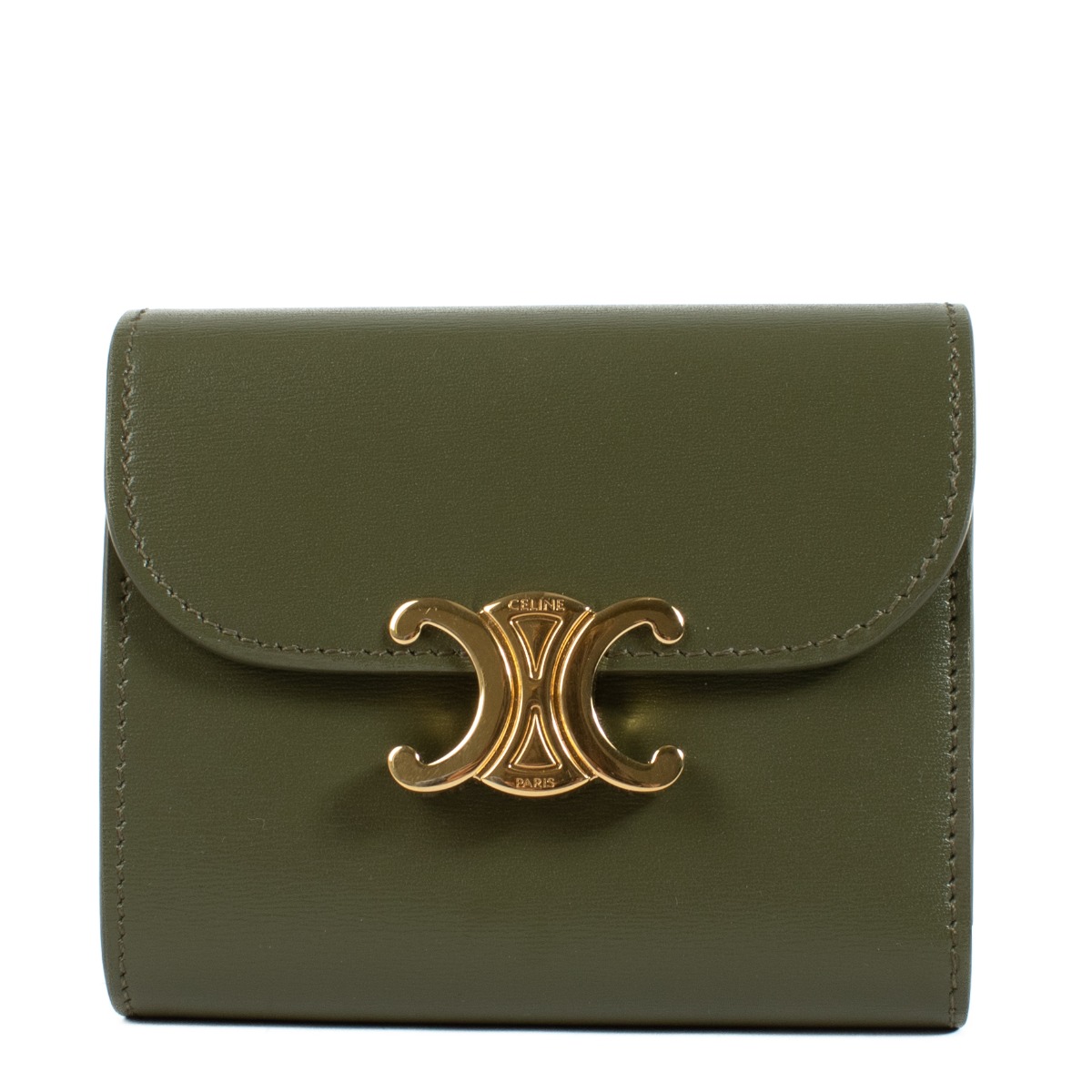 Celine Dark Olive Shiny Calfskin Small Flap Triomphe Wallet