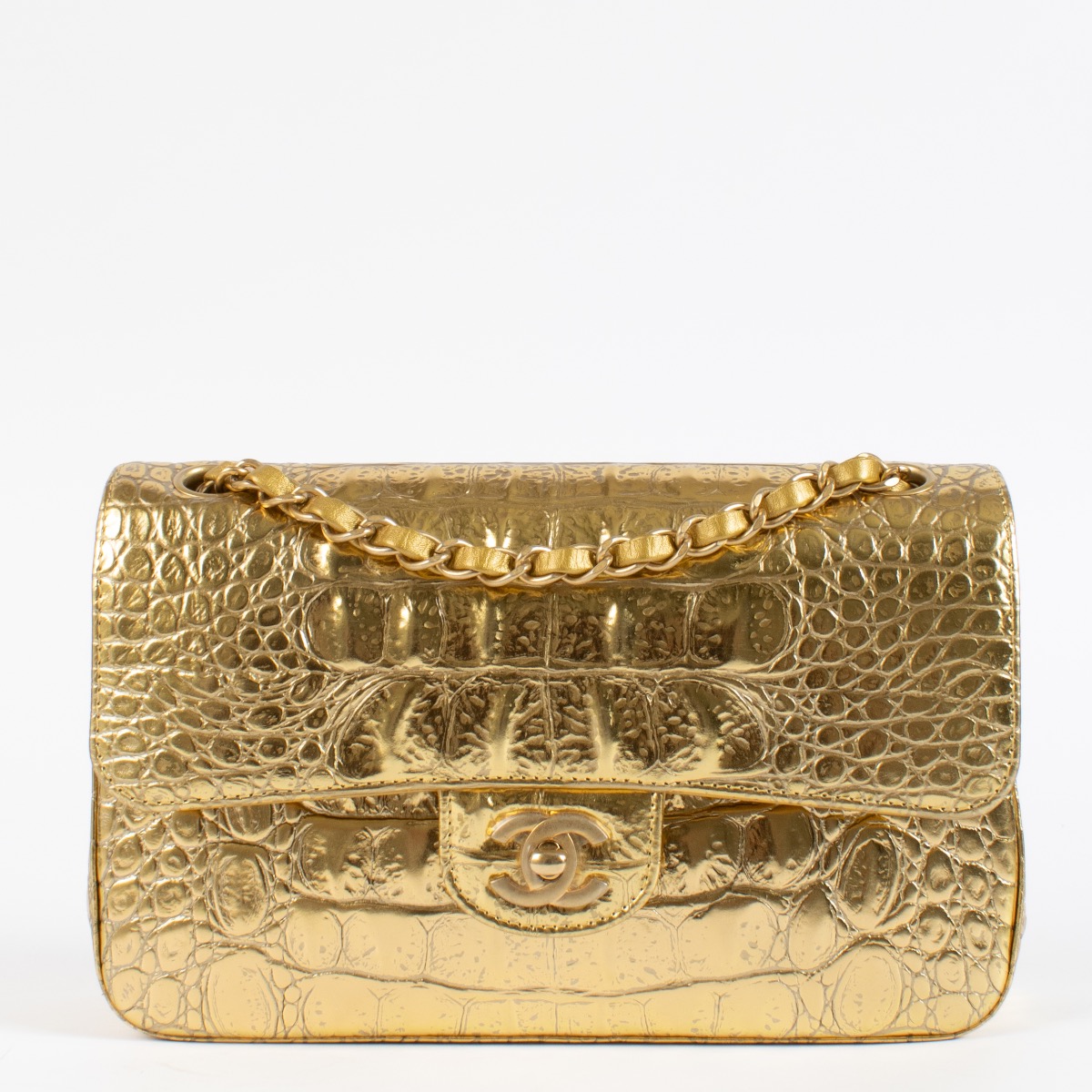 Chanel 19A Gold Crocodile Embossed Small Classic Flap Bag