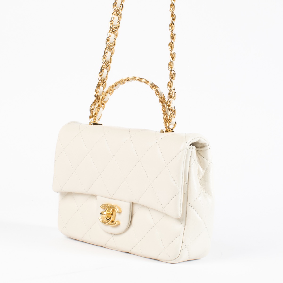 Chanel Off White Shiny Lambskin Gold Links Mini Top Handle Flap