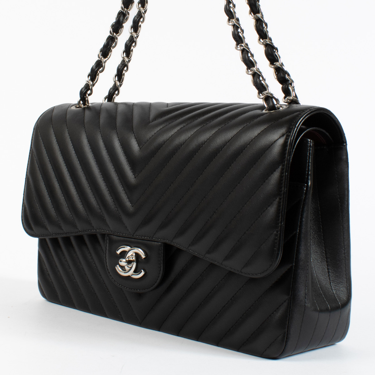 Chanel Black Chevron Lambskin Large Classic Flap Bag ○ Labellov