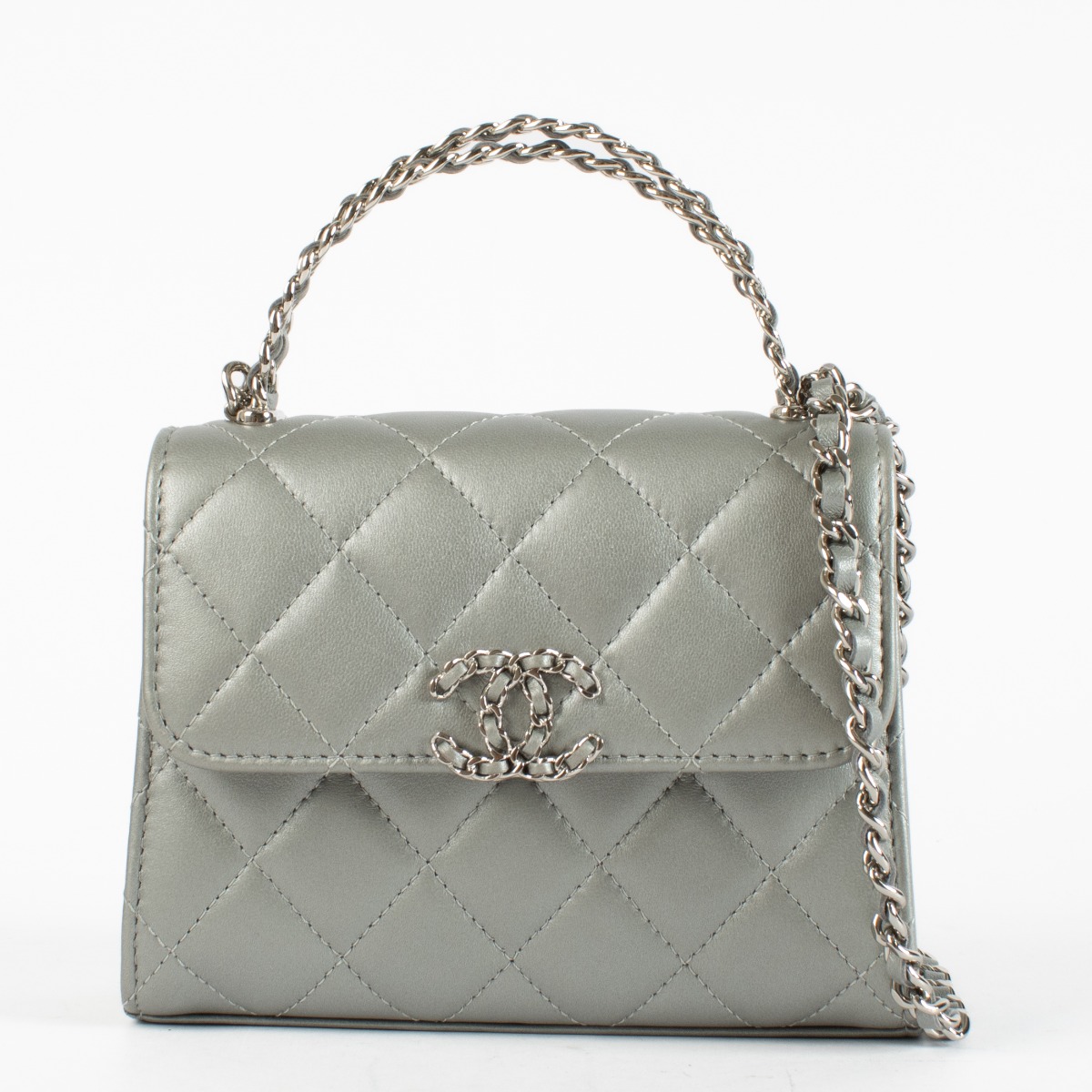 Chanel 23P Metallic Silver Flap Clutch With Chain ○ Labellov
