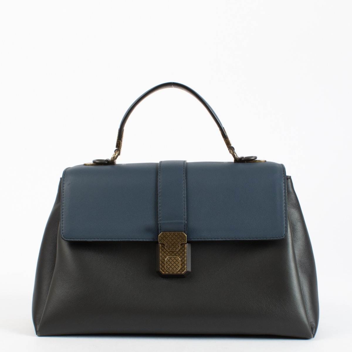 Bottega Veneta Navy Blue Leather Medium Piazza Top Handle Bag