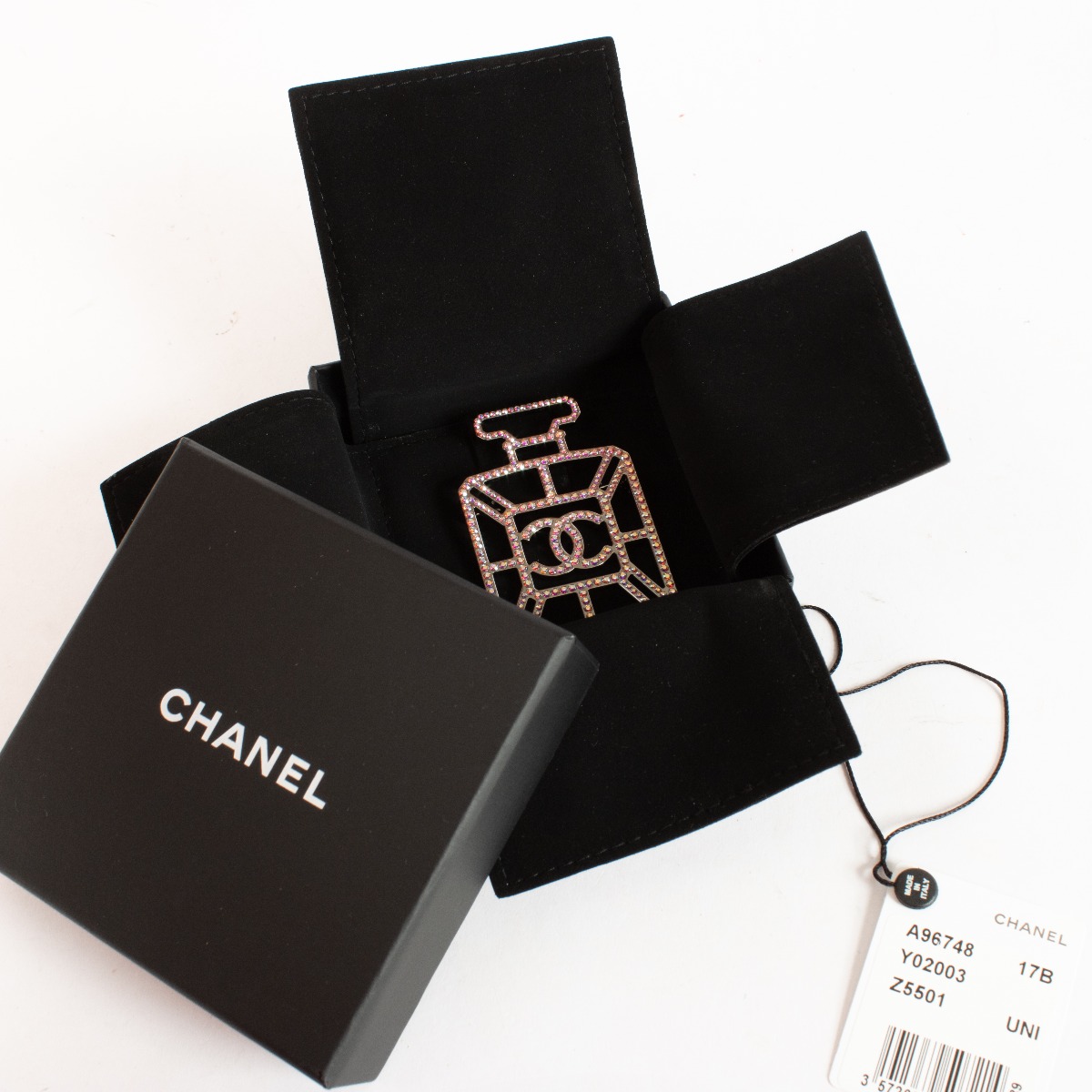 Chanel 17B Crystal Perfume Bottle CC Brooch Ruthenium Iridescent
