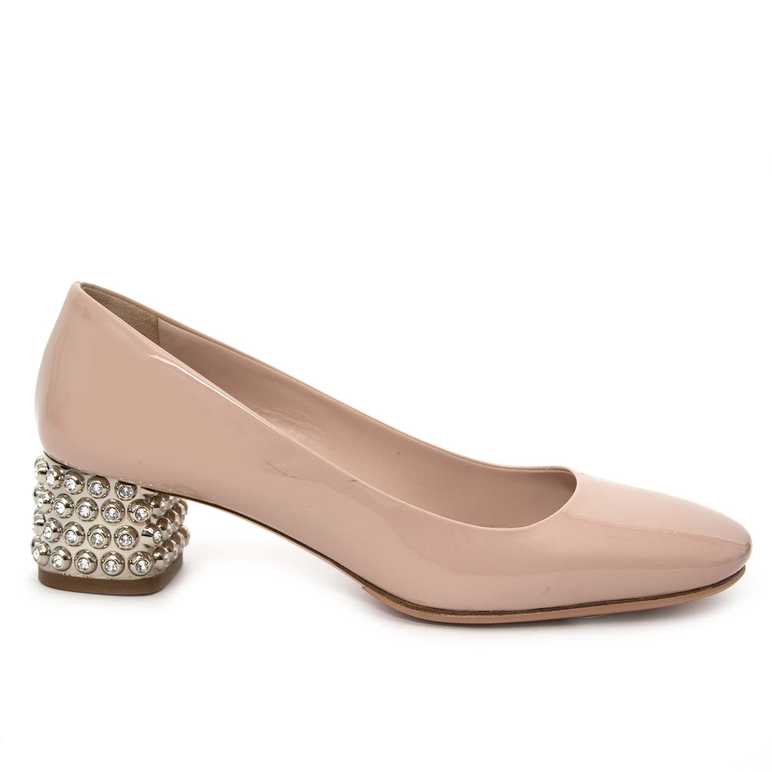 Miu Miu Crystalheel Nude Patent Leather Sandal - Size 38,5