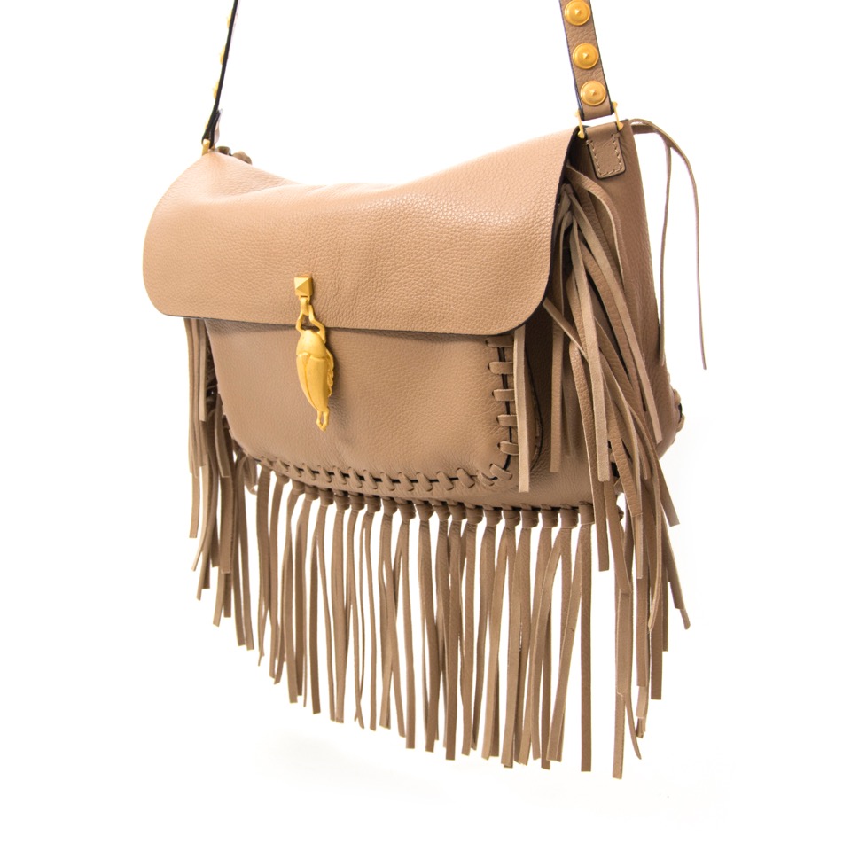 Valentino Beige C-Rockee Scarab Fringe Shoulder Bag