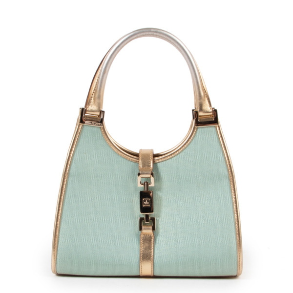 Gucci Vintage Gold & Turquoise Fabric Jackie Top Handle Bag Labellov Buy and Sell Authentic Luxury