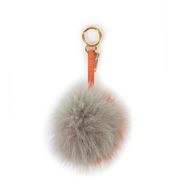 Fendi Orange/Grey Fox Fur Pom-Pom Charm Keychain ○ Labellov