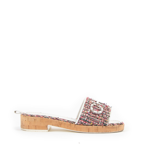 Chanel Spring/Summer 2021 Multicolor Tweed Silver Chain Cork Sandals - Size 38