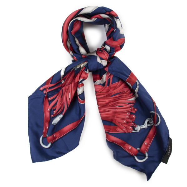 Gucci Navy Blue Red GG Silk Scarf Labellov Buy and Sell Authentic Luxury