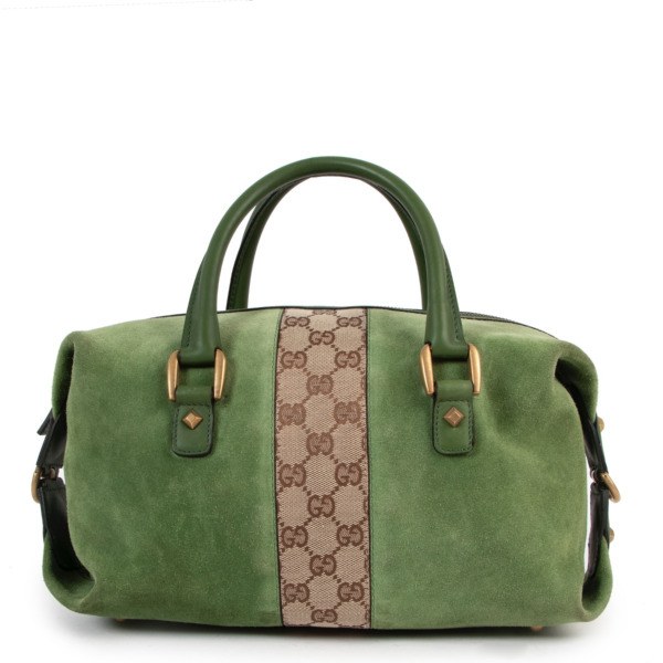 Gucci Green Suede GG Canvas Small Boston Bag Labellov Buy and Sell Authentic Luxury