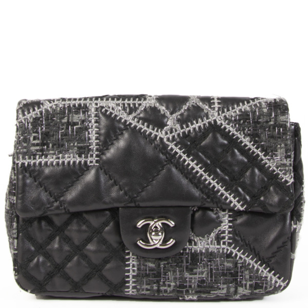 Chanel Small Black Quilted Tweed/Leather Patchwork Stitch Flap Bag