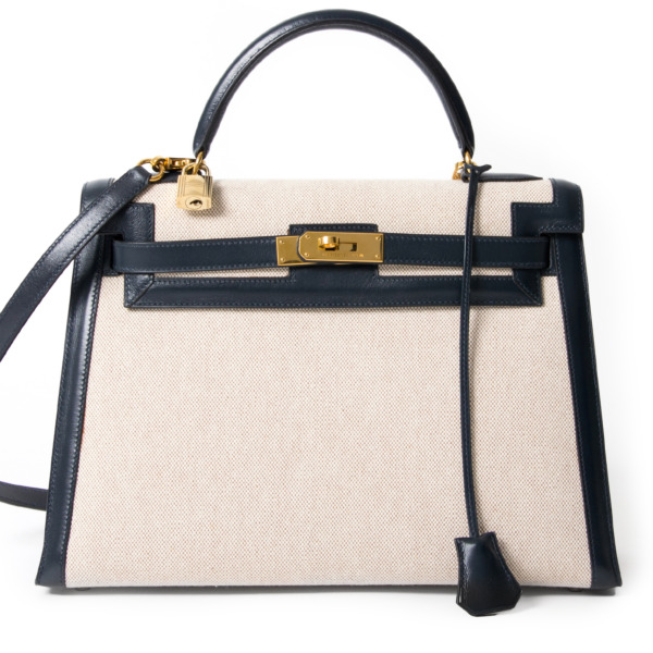 Authentic New Hermes Kelly 32 GHW Bicolor Toile Blue Marine With Strap Labellov Buy and Sell Authentic Luxury
