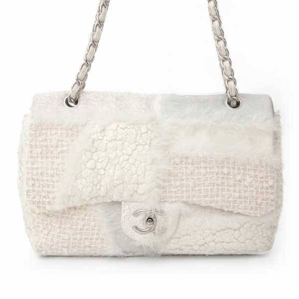 Vintage Chanel Cream Patchwork Faux Fur Tweed Aged Calfskin