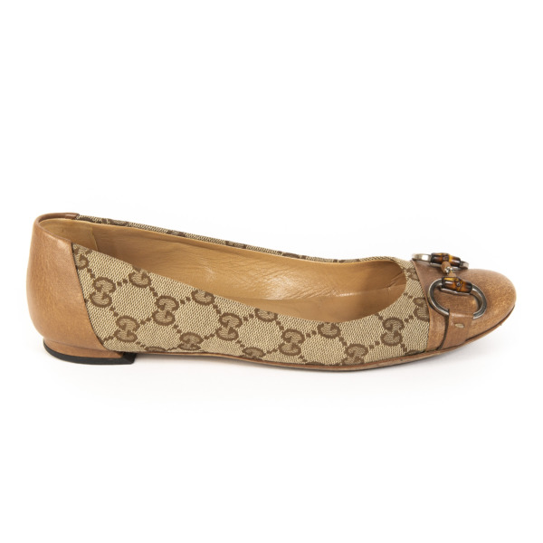 Gucci Monogram Canvas Bamboo Horsebit Ballet Flats - Size 37