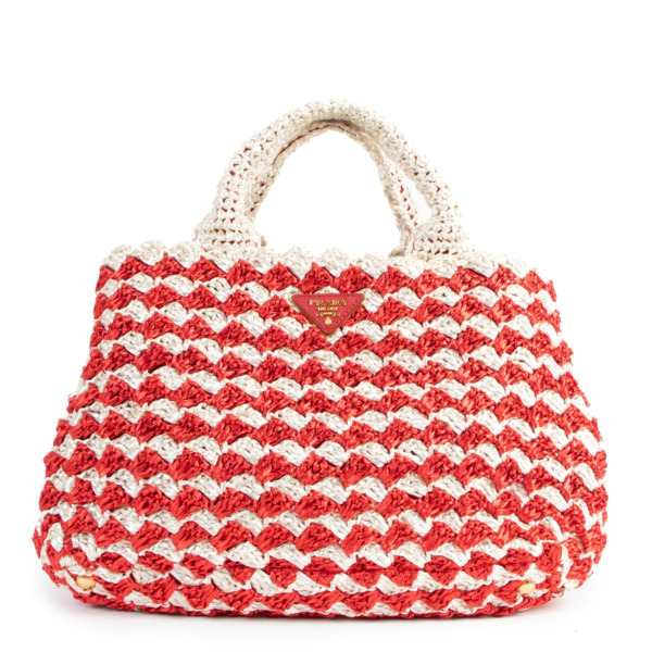 Prada Red Raffia Crochet Canapa Tote Bag ○ Labellov ○ Buy and