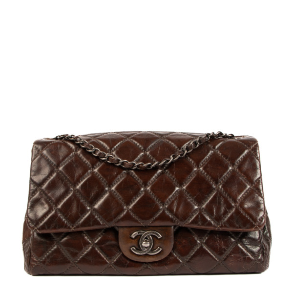 Chanel Brown Crumpled Calfskin Accordion Large Classic Flap Bag