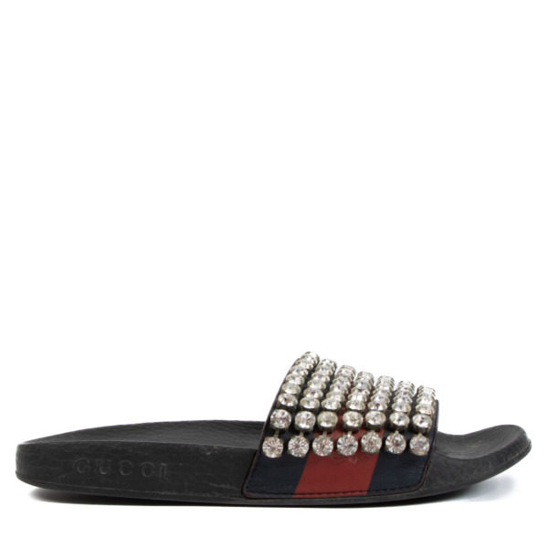 Gucci Crystal Embellished Web Slide Sandals Size 36 Labellov