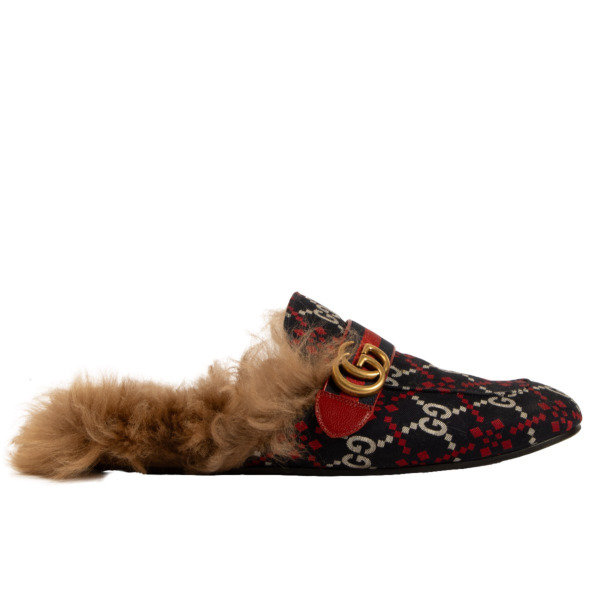 Gucci Navy and Red GG Diamond New Princetown Fur Slippers Size 43 Labellov Buy and Sell Authentic Luxury