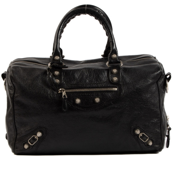 Balenciaga Black Arena Leather Giant Polly Boston Bag