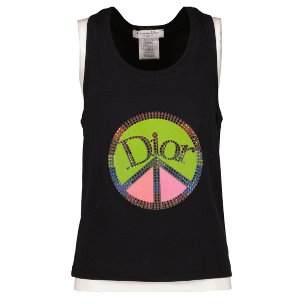 Christian Dior Black Logo Peace Sign Crystal Tank Top - size