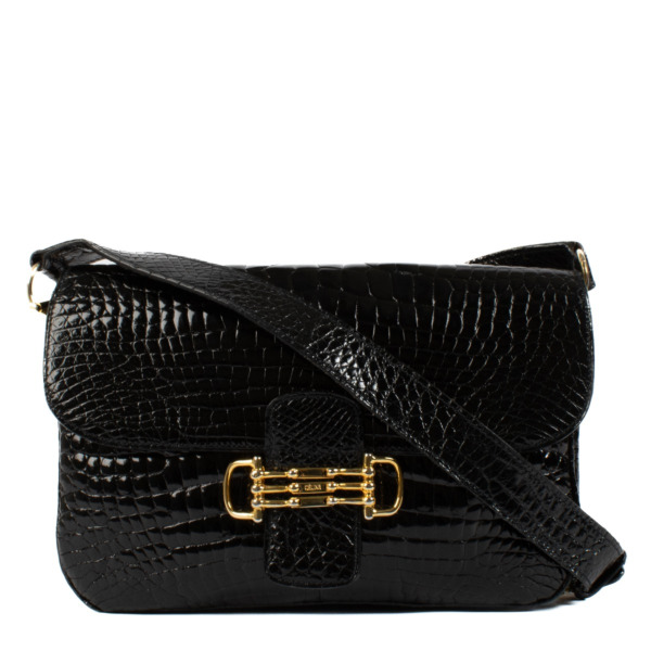 Celine Vintage Black Shiny Crocodile Mors Horsebit Shoulder