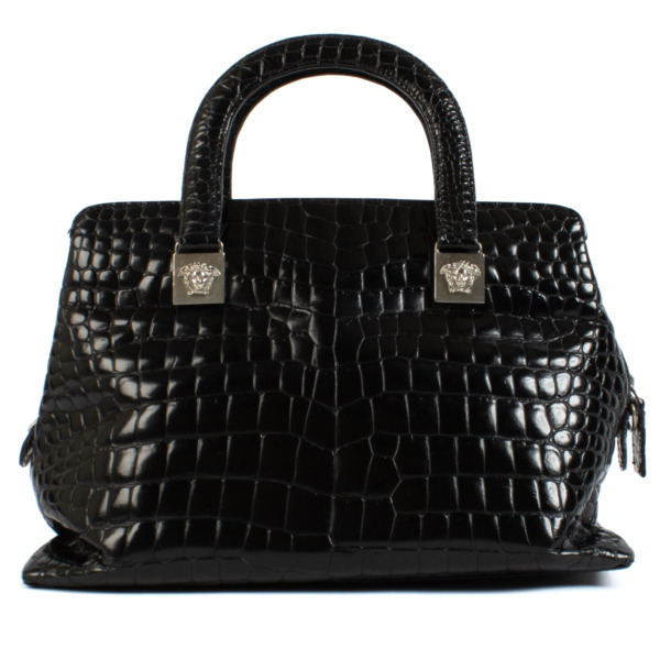 Gianni Versace Vintage Black Crocodile Embossed Tote Bag