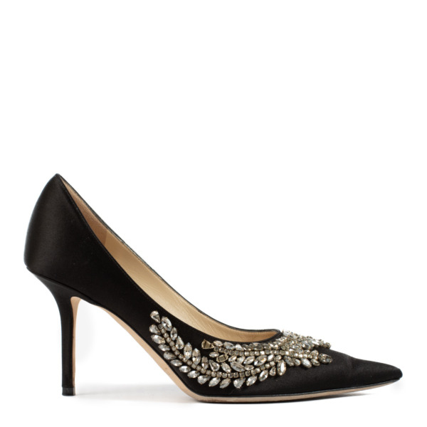 Jimmy Choo Black Satin Love Crystal Embroidery Pumps - Size