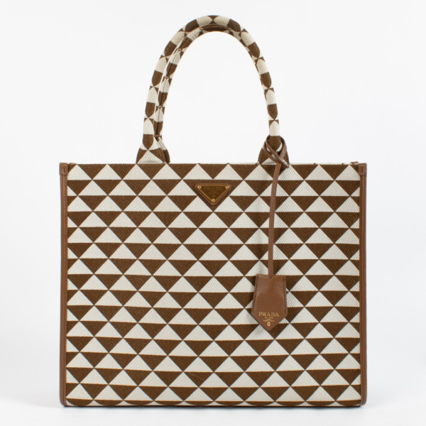 Prada Tobacco/Chalk White Symbole Embroidered Fabric Tote